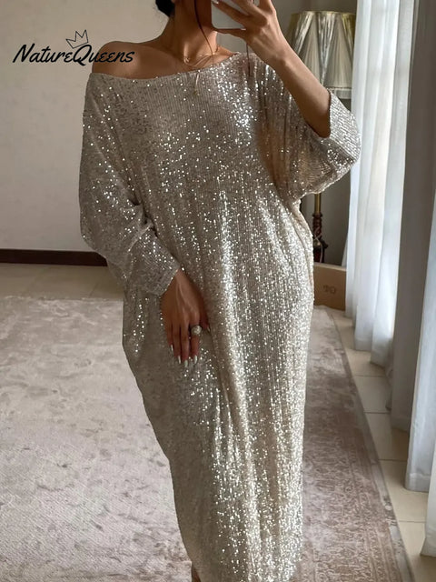 Women's Christmas Sparkling Horizontal Neck Loose Dress