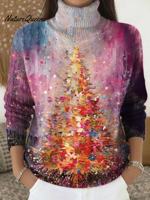 Women's Oil Painting Style Christmas Tree Print Turtleneck Sweater