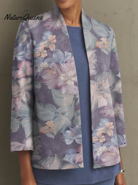 Elegant Purple Floral Decorative Pattern Women's Casual Cardigan Collar 3/4 Sleeve Coat
