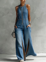 Casual Split Sleeveless Denim Jumpsuit