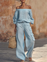 Cozy Relaxed Linen-cotton Top And Work Pants Two-piece Set