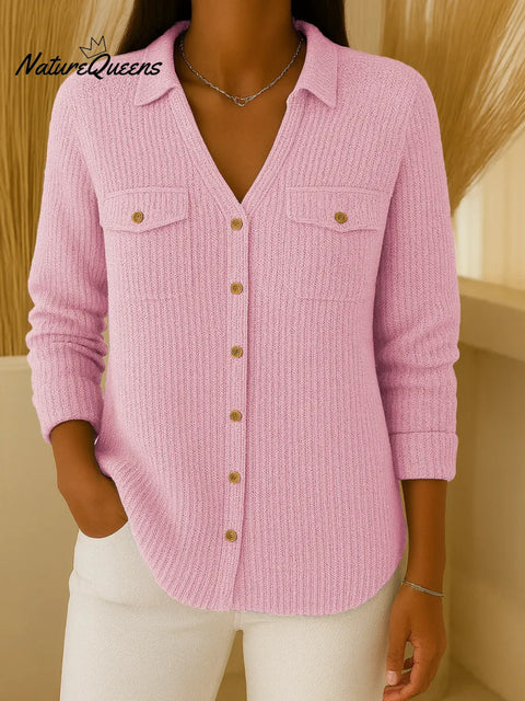 Women's Solid Color Lapel Long Sleeve Casual Loose Knit Cardigan