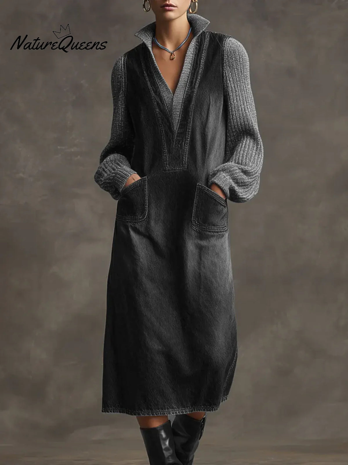 Women's Solid Color Stand Collar Long Sleeve Casual Loose Cotton Knit Patchwork Dress