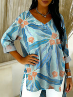 Abstract Style Floral Decorative Patterns Women's Casual V Neck Collar Cotton Denim Shirt