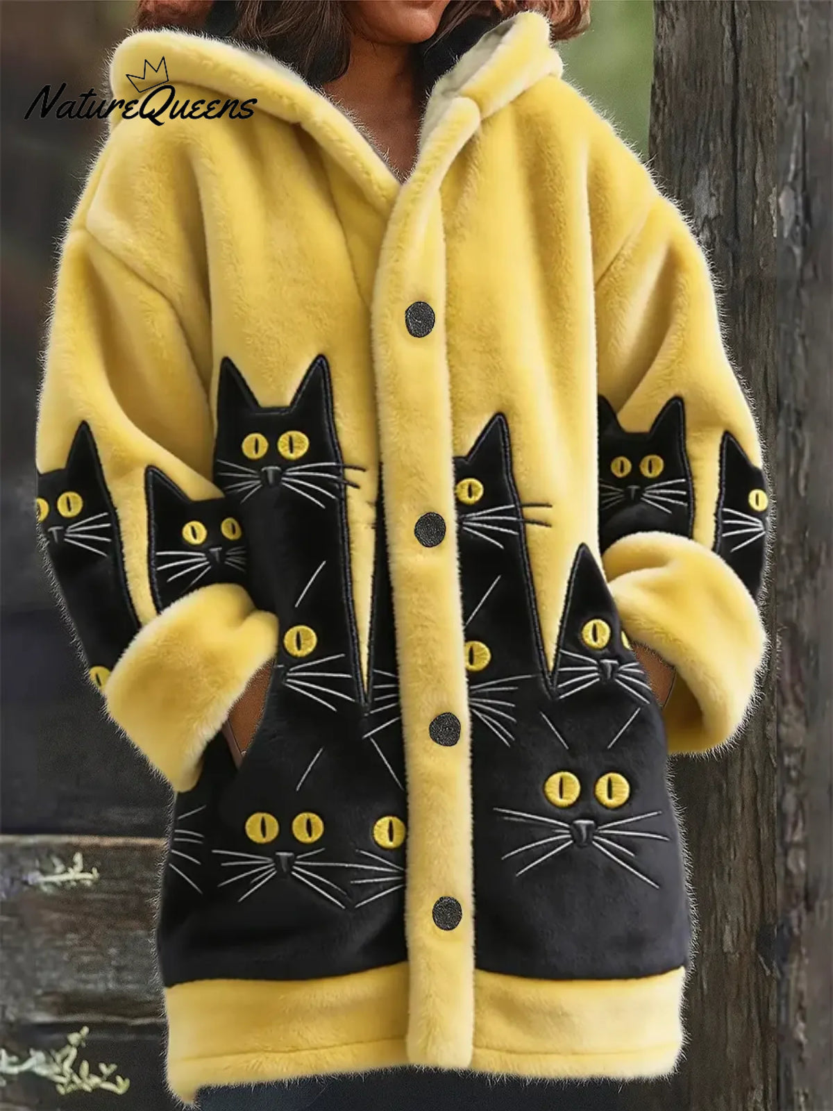Women's Funny Cats Pattern Art Print Casual Fleece Coat