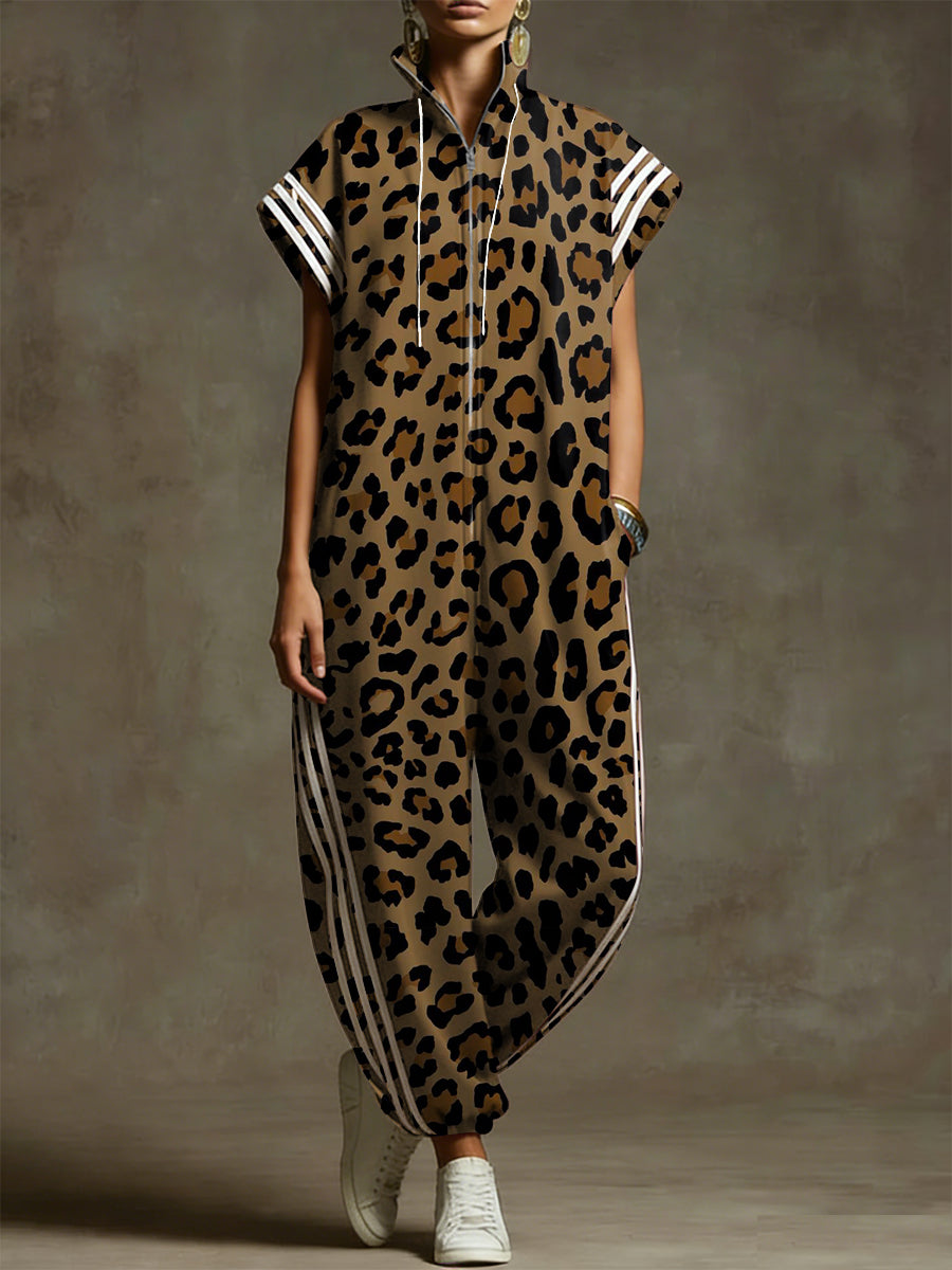 Women's Wild Leopard Print Decorative Pattern Stand-collar Short-sleeved Casual Loose Cotton Wide-leg Jumpsuit