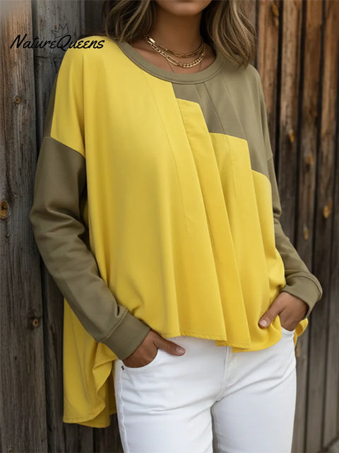 Casual Pleated Color-blocked Crew Neck Loose Sweatshirt