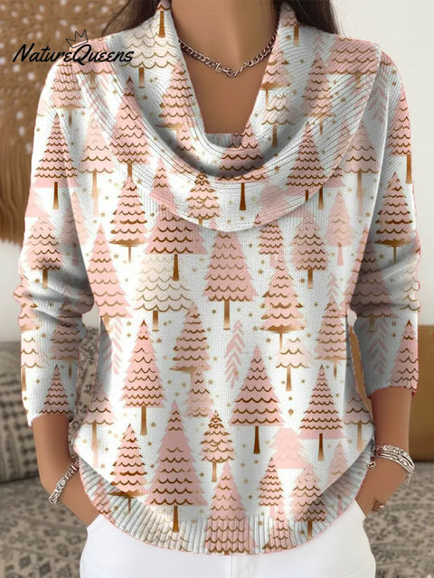 Women's Christmas Tree Art Print Cowl Neck Sweater