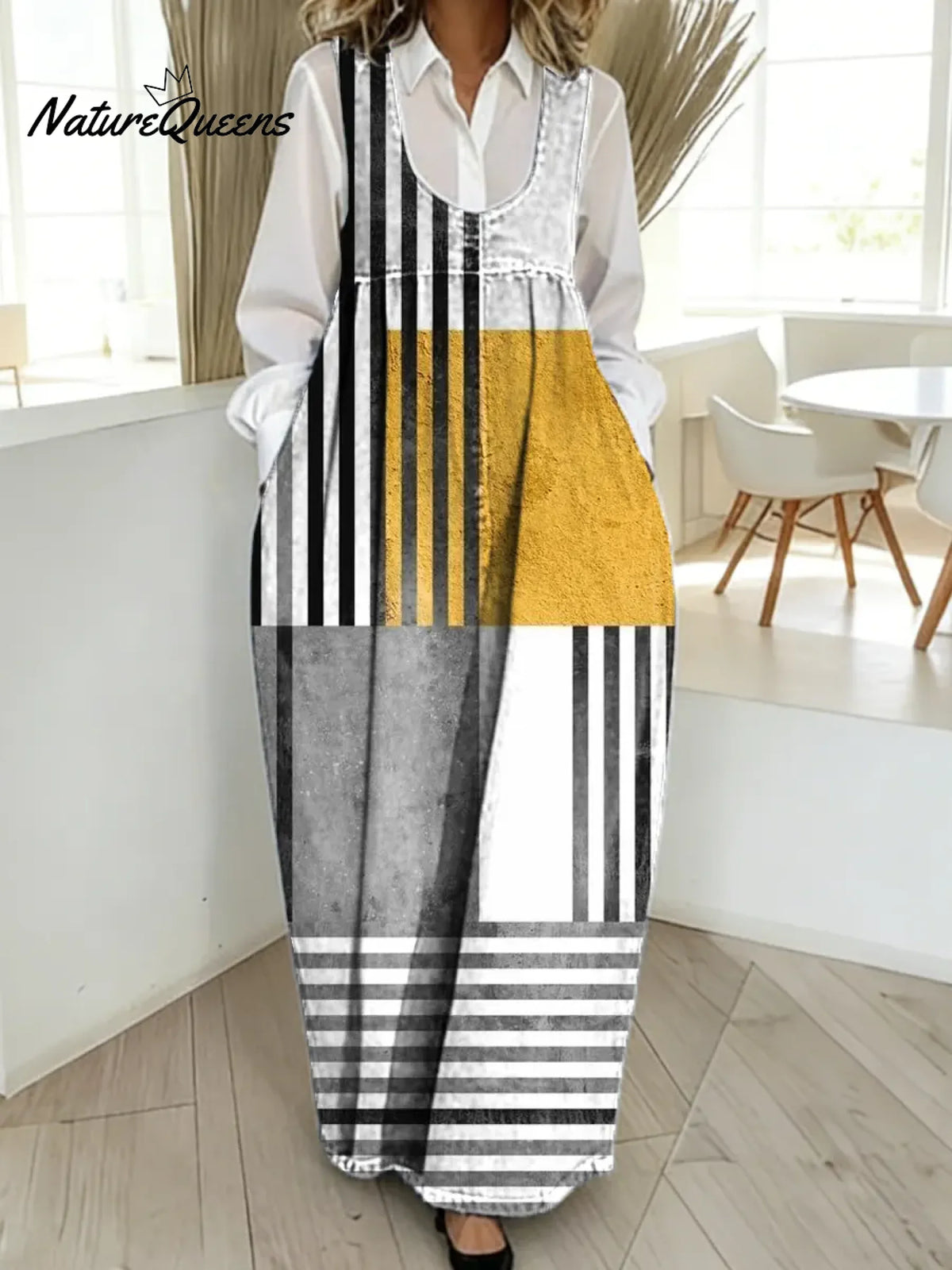 Women's Abstract Geometric Pattern Art Print Casual Cotton Denim Dress