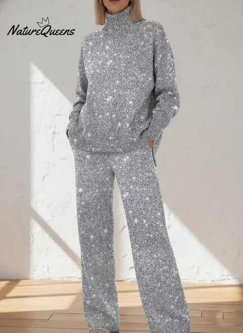 Shimmering Silver Printed Casual High-neck Top And Straight-leg Pants Set