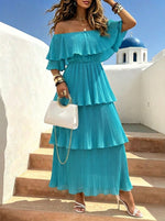 Women’s Off-shoulder Boat-neck Dress With Ruffled Hem And Elegant Cake Silhouette Beach Vacations Maxi Dress