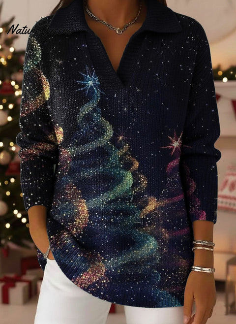 Christmas Tree Scenery Pattern Art Polo Collar Shiny Loose Sweater Top