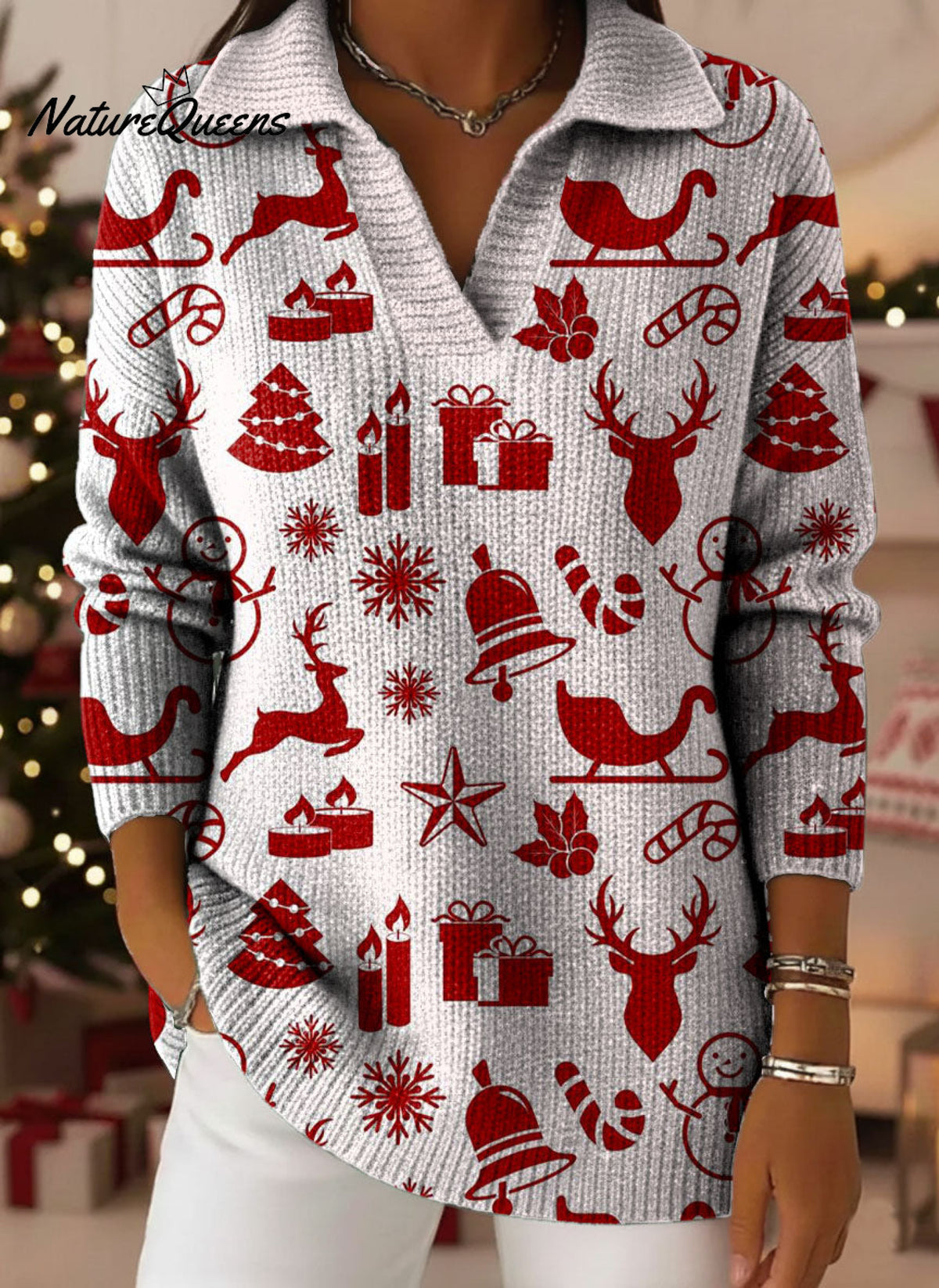 Retro Christmas Snowflake Art Pattern Polo Collar Shiny Loose Sweater Top