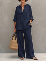 Women's Simple Navy Cotton-linen Set