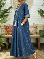 Casual Gold Star Print 100% Cotton Denim Dress