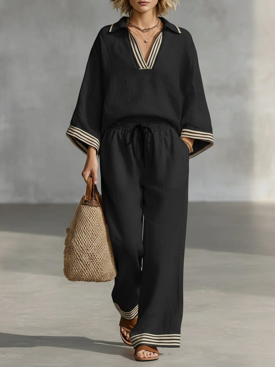 Casual Patchwork Striped Linen And Cotton Shirt And Pants Two-piece Set