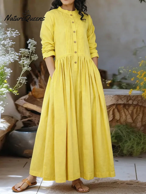 Women's Solid Color Stand-collar Long-sleeved Loose-fitting A-line Cotton Dress