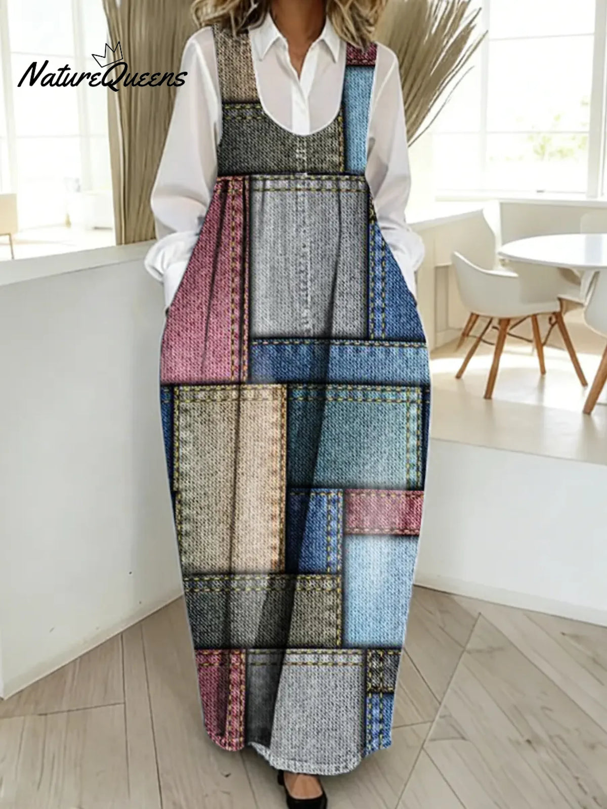 Women's Vintage Plaid Pattern Art Print Casual Cotton Denim Dress