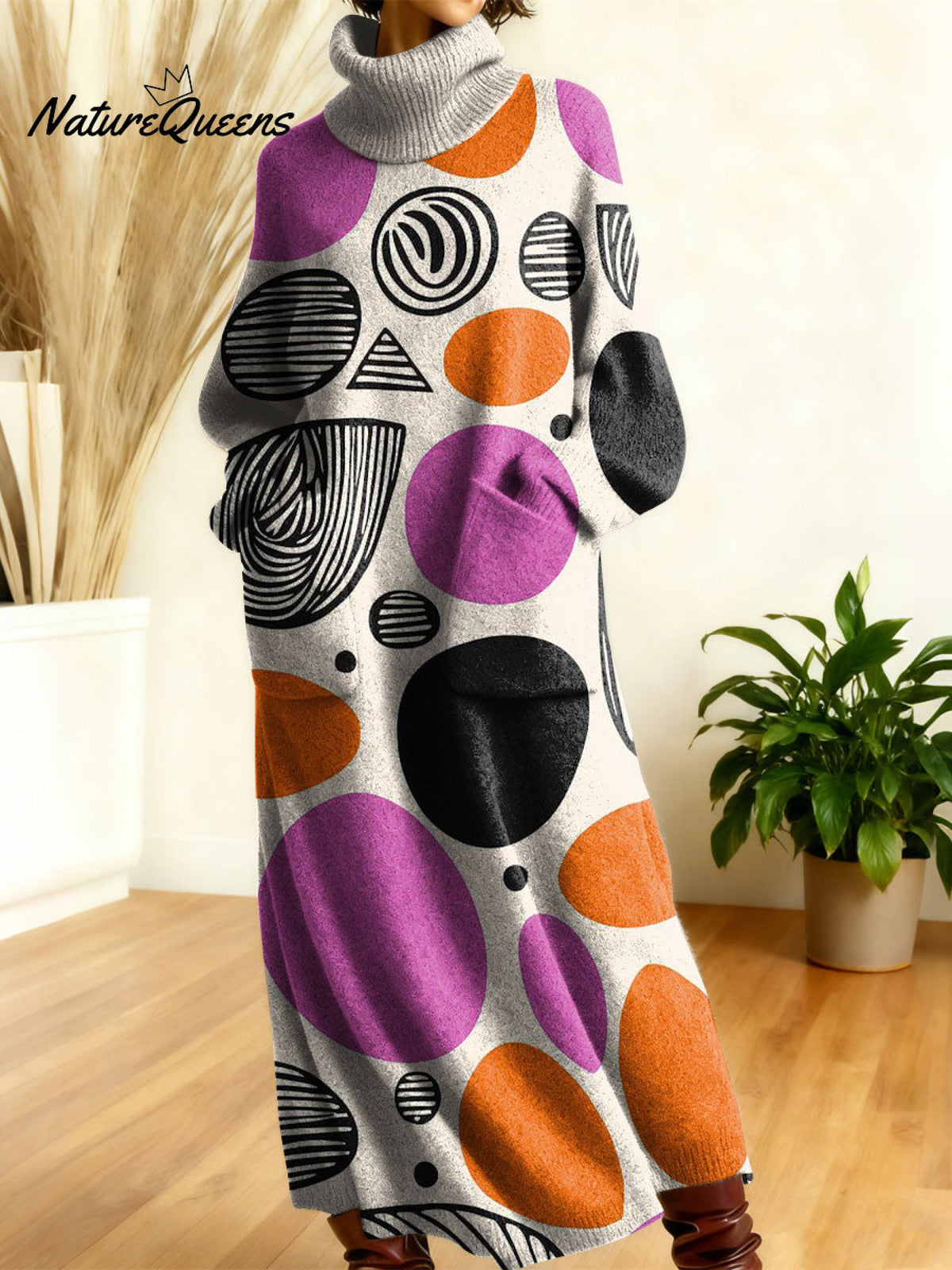 Women's Retro Abstract Geometric Colorful Splicing Patterns Art High-neck Long-sleeve Casual Loose Knit Dress