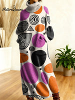 Women's Retro Abstract Geometric Colorful Splicing Patterns Art High-neck Long-sleeve Casual Loose Knit Dress