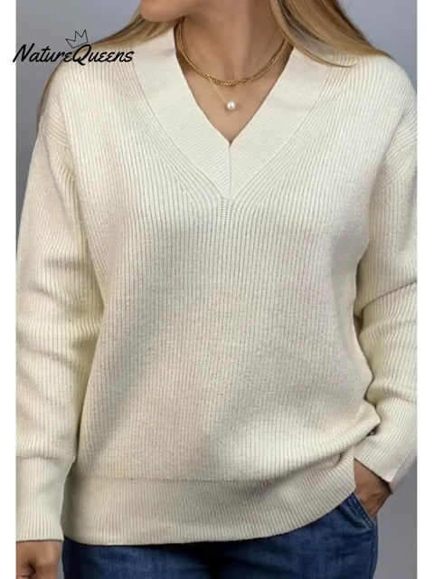 Women's V Neck Shiny Knit Sweater