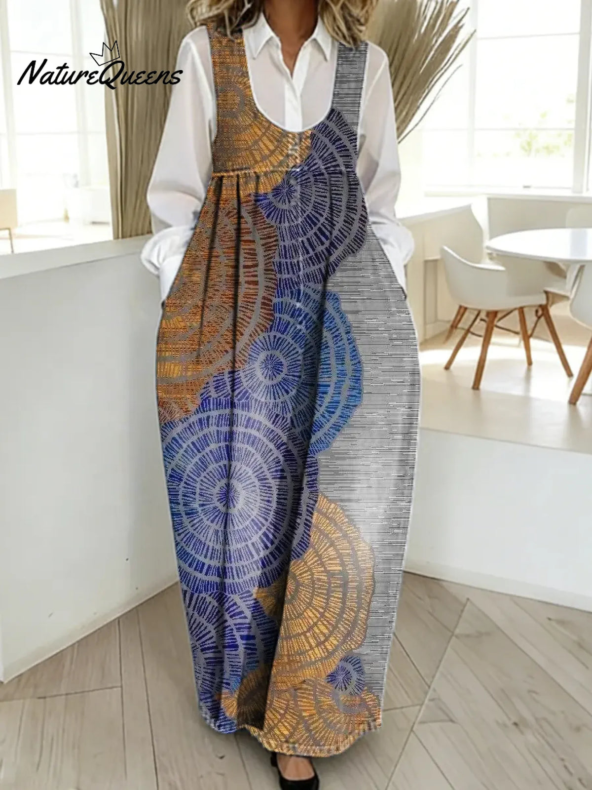 Women's Vintage Abstract Geometry Pattern Art Print Casual Cotton Denim Dress