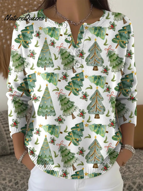 Christmas Tree Print Buttoned Cardigan Sweater