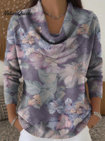 Elegant Purple Floral Decorative Pattern Women's Casual Swing Collar Long Sleeve Sweater