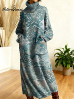 Women's Retro Floral Flowers High-neck Long-sleeve Casual Loose Knit Dress