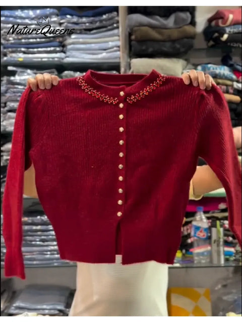 Women's Comfortable and Luxurious Rhinestone-Embellished Cardigan Sweater