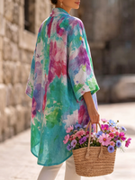 Artistic Watercolor Print Cotton-linen Cardigan & Vest Two-piece Set