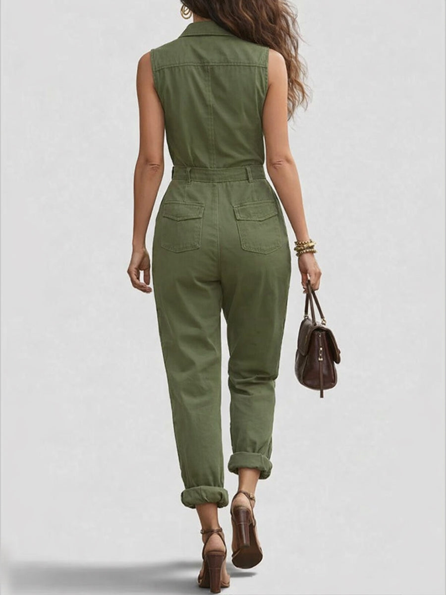 Fashionable And Casual Zippered Sleeveless Cotton Jumpsuit