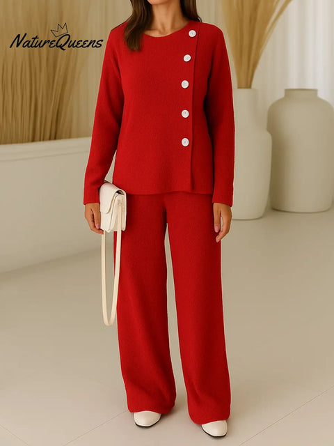 Women's Round Neck Long Sleeve Casual Button-Down Loose Knit Top and High-Waisted Wide-Leg Casual Pants Set