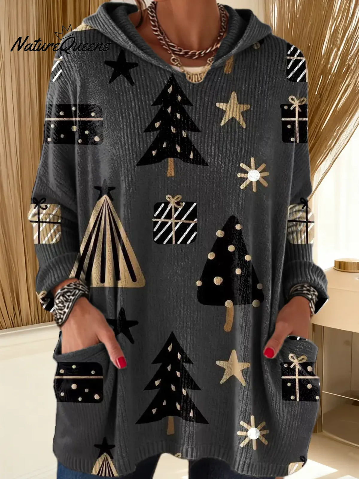 Women's Christmas Tree Pattern Art Print Hooded Casual Knitted Sweater