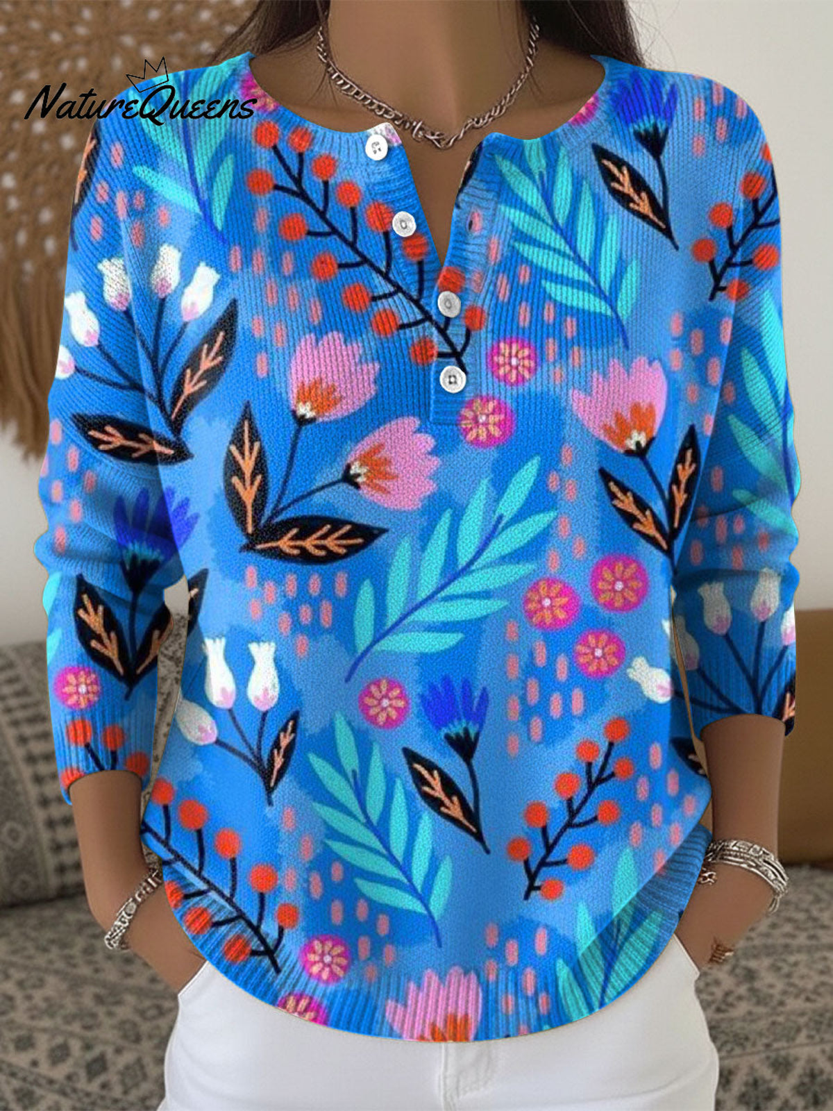 Women's Retro Abstract Flowers Floral Colorful Patterns Art Print Buttoned Cardigan Sweater