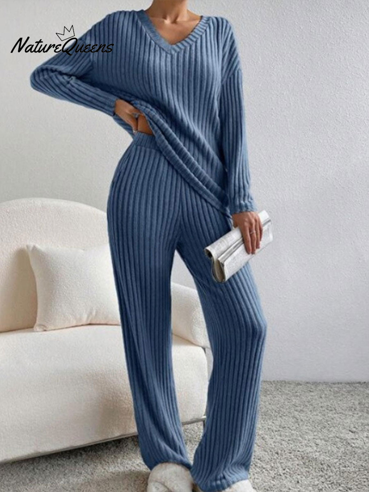 Women's Solid Color Casual Straight Leg Pants Loose V-neck Knit Set