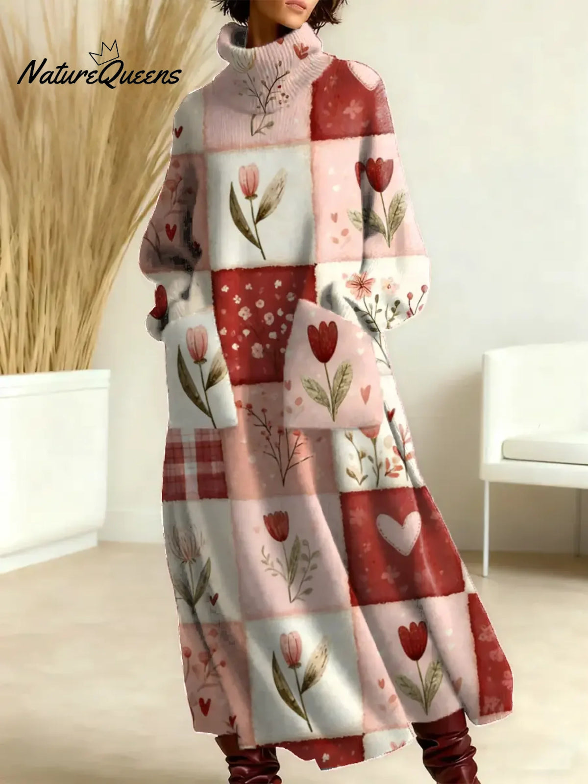 Women's Floral Pattern Art Print Casual Cotton Knitted Dress