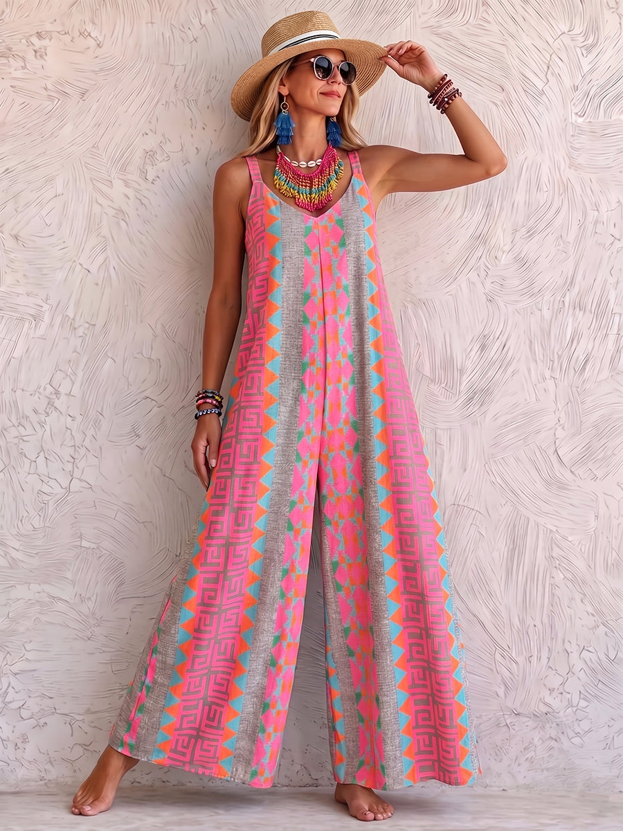 Boho-style Vintage Print Loose-fit Draped Jumpsuit