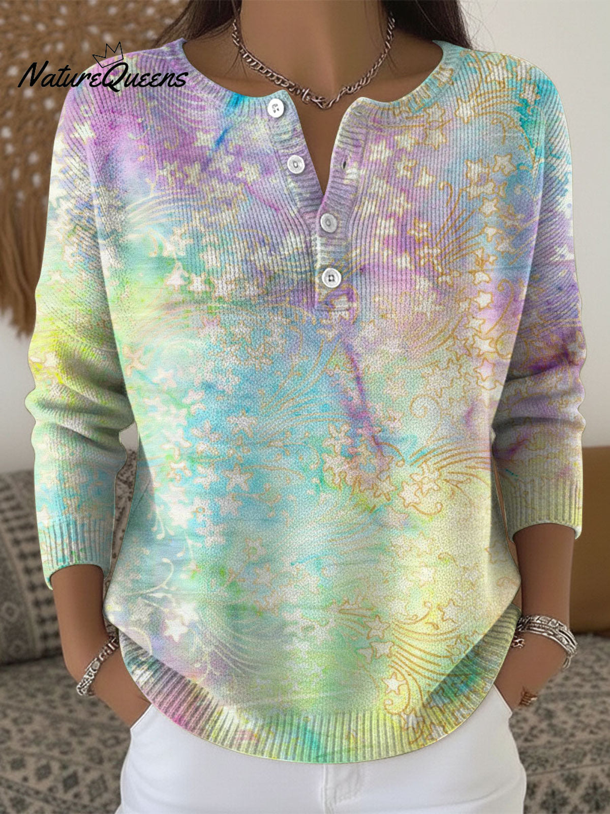 Women's Retro Floral Flowers Pattern Art Print Buttoned Cardigan Sweater