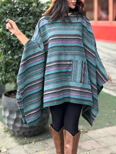 Women's Geometric Print Crew Neck Long Sleeve Casual Loose Cape Top