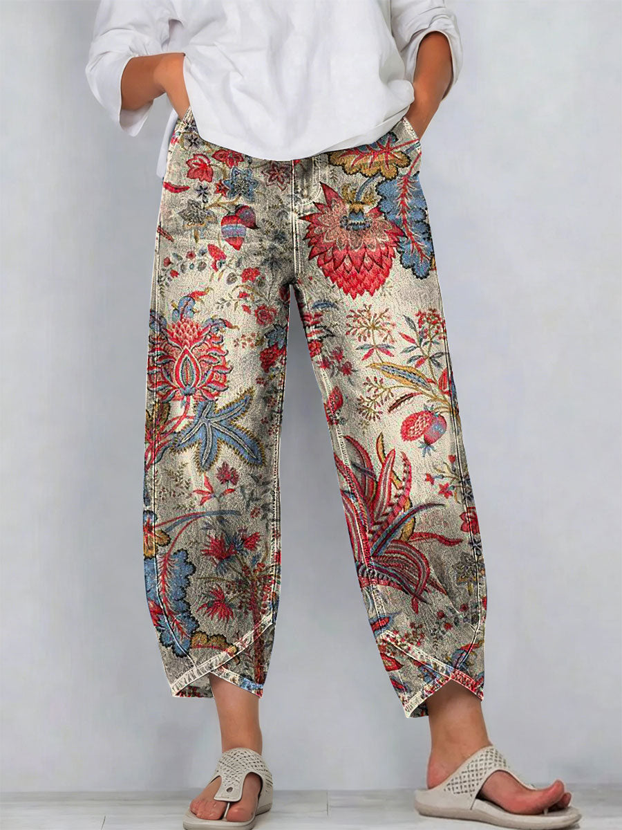 Women's Vintage Nationality Pattern Art Prints Casual Denim Cotton Pants