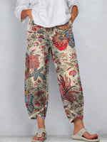 Women's Vintage Nationality Pattern Art Prints Casual Denim Cotton Pants