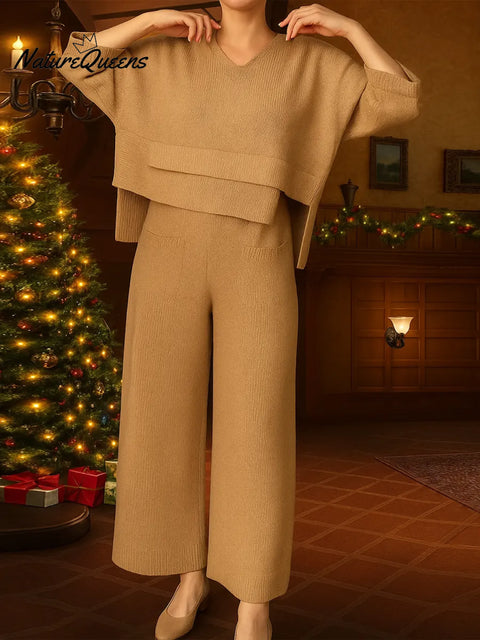 Women's Solid Color V-Neck Three-Quarter Sleeve Casual Loose Knit Top and High-Waisted Knit Wide-Leg Pants Set