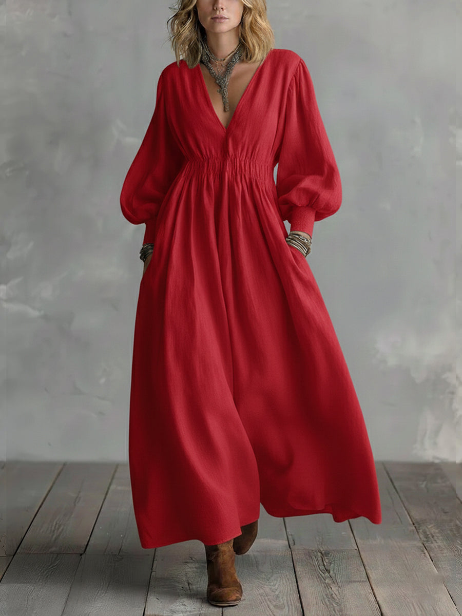 Waist-elastic Linen And Cotton Lantern-sleeved Dress