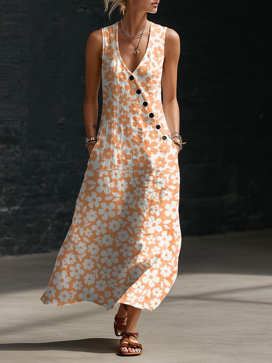 Women's Floral Print Button-down V-neck Casual Dress