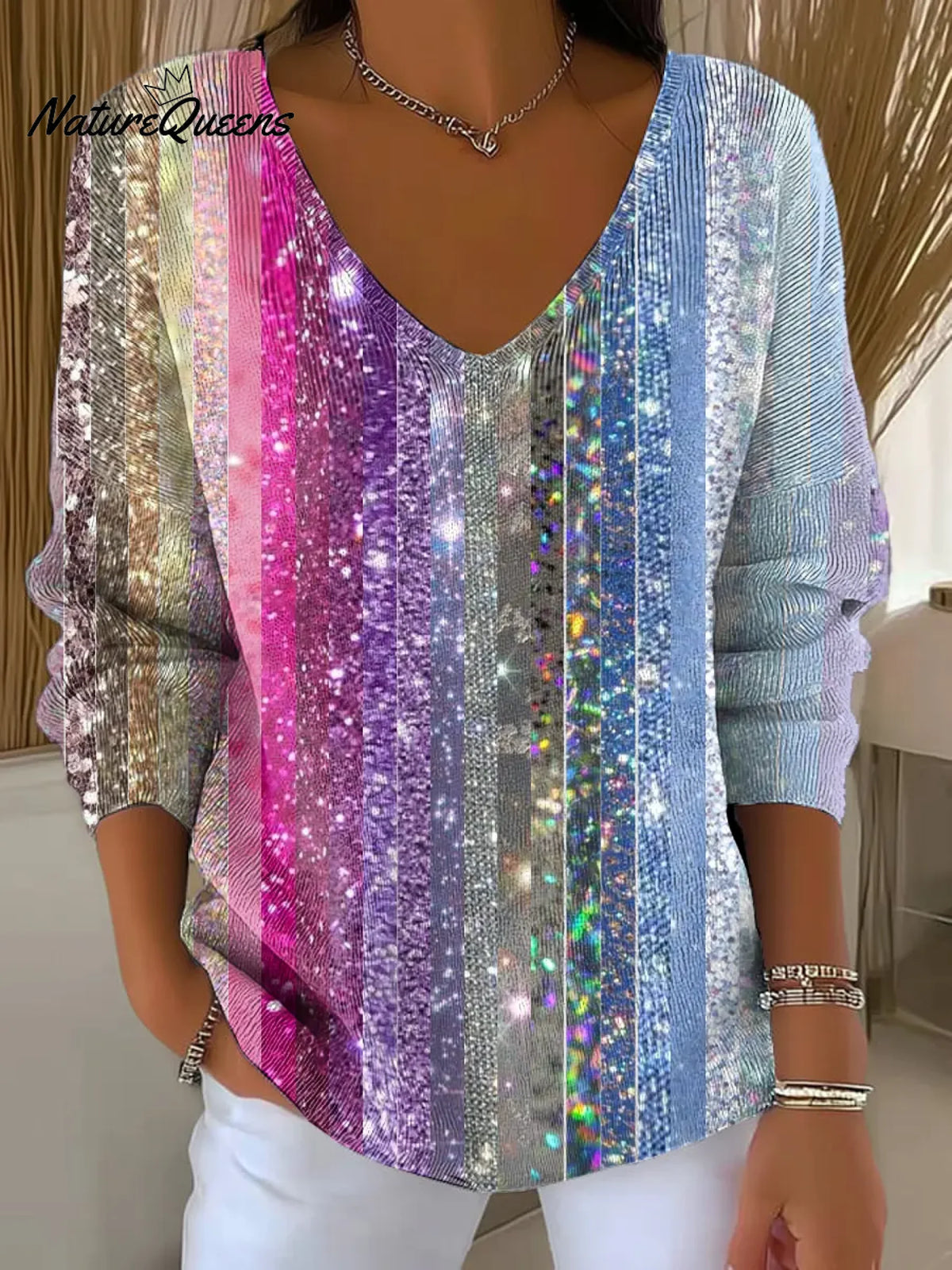 Shiny Vertical Stripes Printed Casual V-neck Sweater