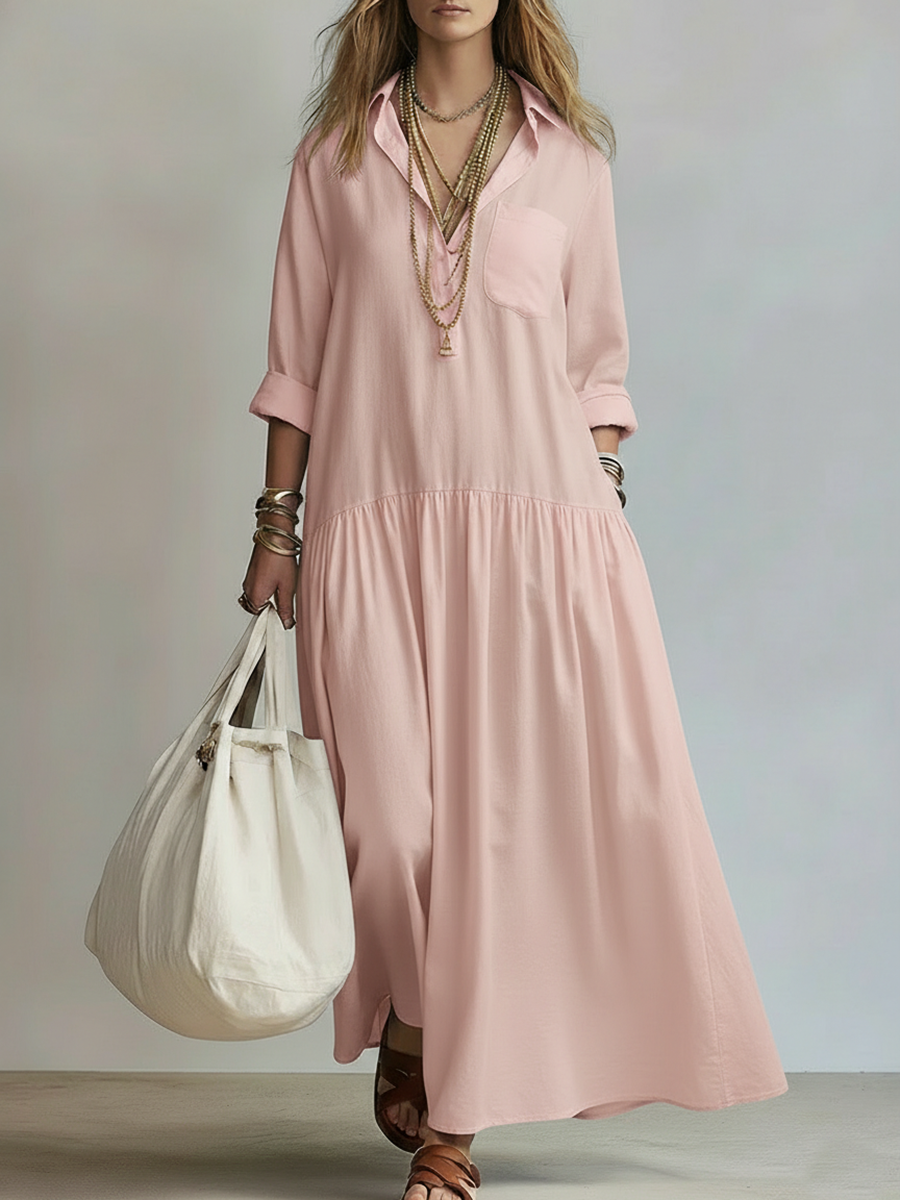 Cozy Shirt Collar Solid-color Linen-cotton Dress