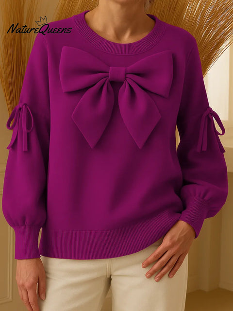 Women's Solid Color Crew Neck Casual Bow Loose Sweatshirt
