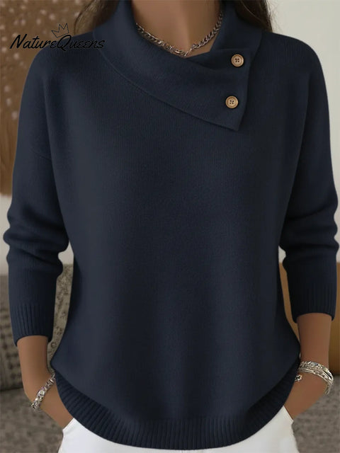 Elegant Scarf Collar Button-Up Solid Color Sweater Top