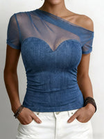Women's Off-shoulder Short-sleeve Top — Casual Loose-fit Faux-denim Stretch Fabric